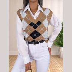 Victory - Beige Argyle Knitted Sweater Vest