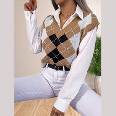 Victory - Beige Argyle Knitted Sweater Vest