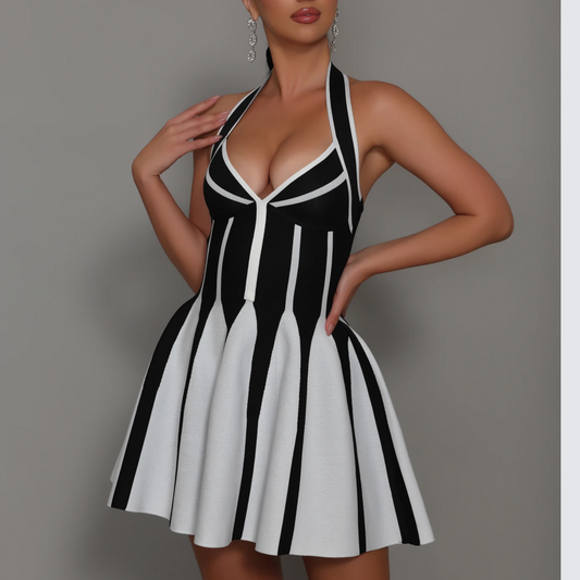 Cyra - Striped Halter A Line Bandage Dress