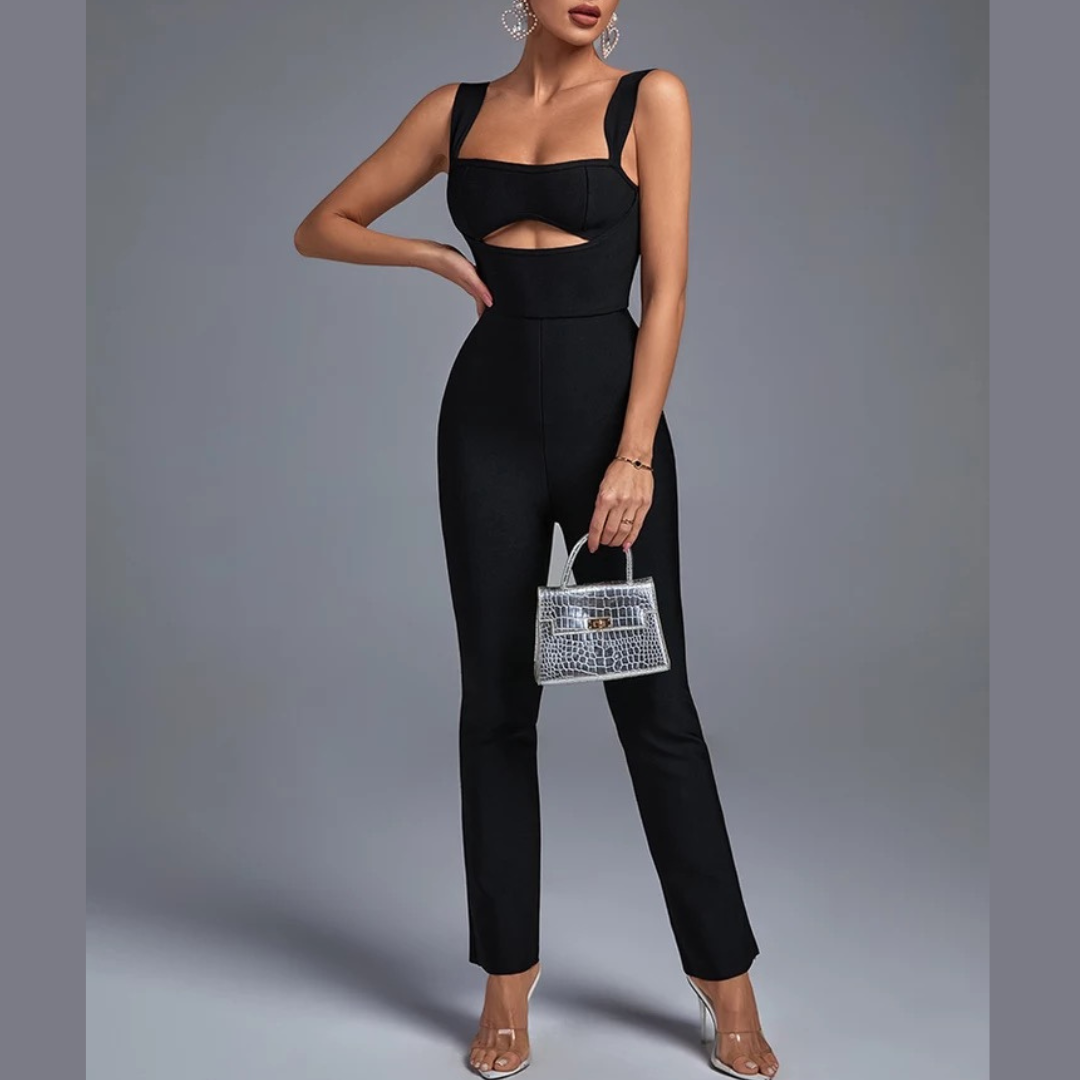 Tori - Black Cut Out Bandage Jumpsuit - Model Mannequin