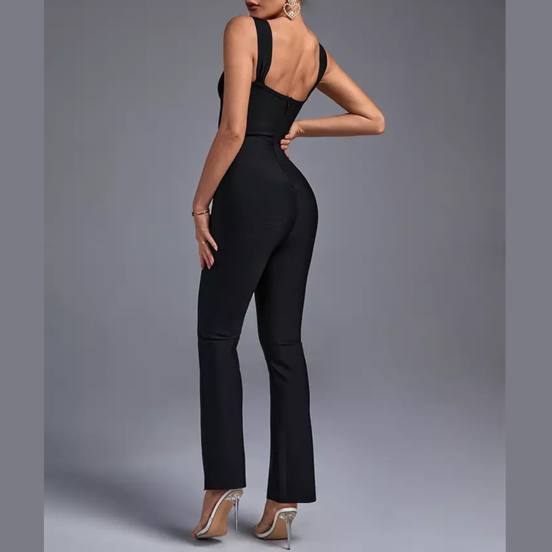 Tori - Black Cut Out Bandage Jumpsuit - Model Mannequin