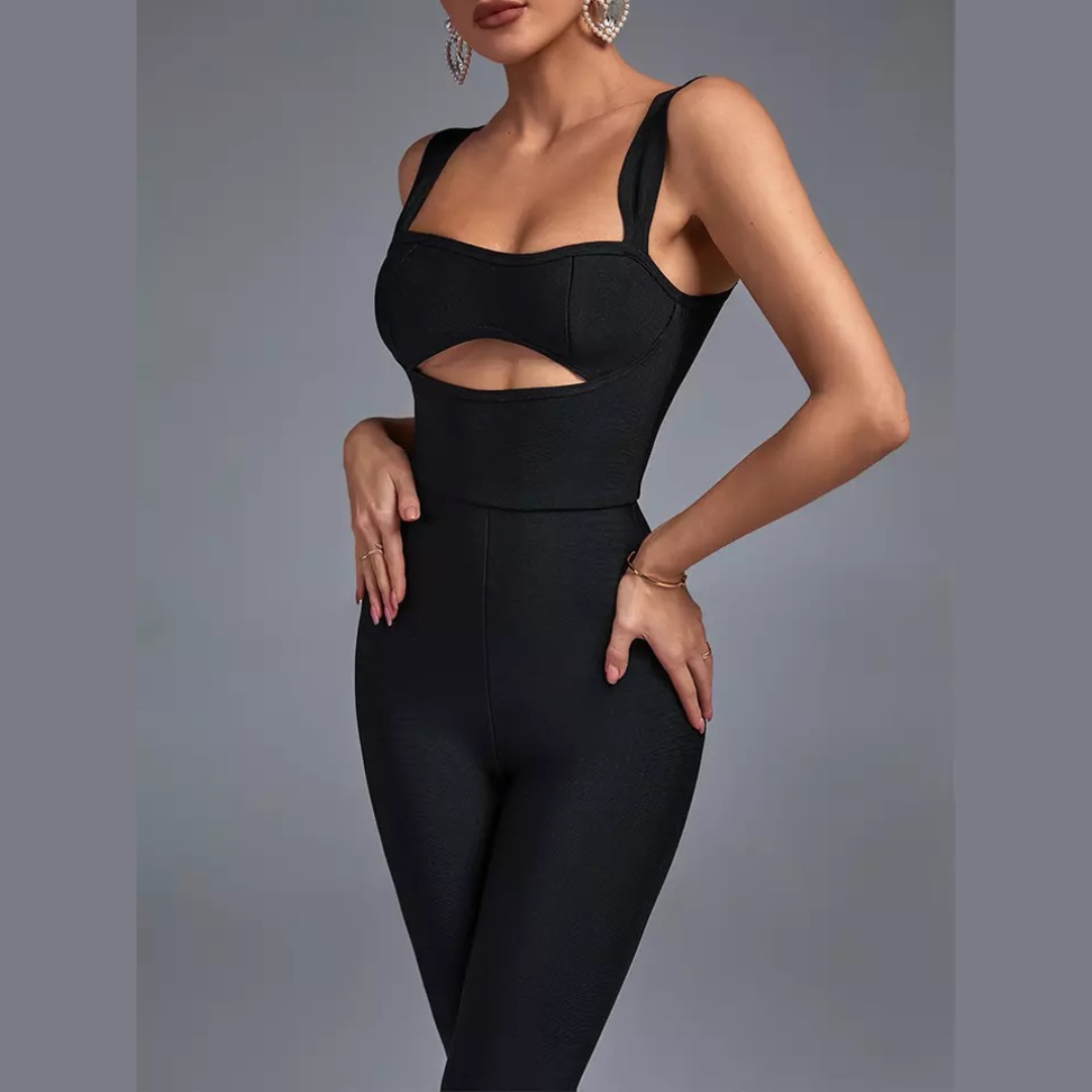 Tori - Black Cut Out Bandage Jumpsuit - Model Mannequin