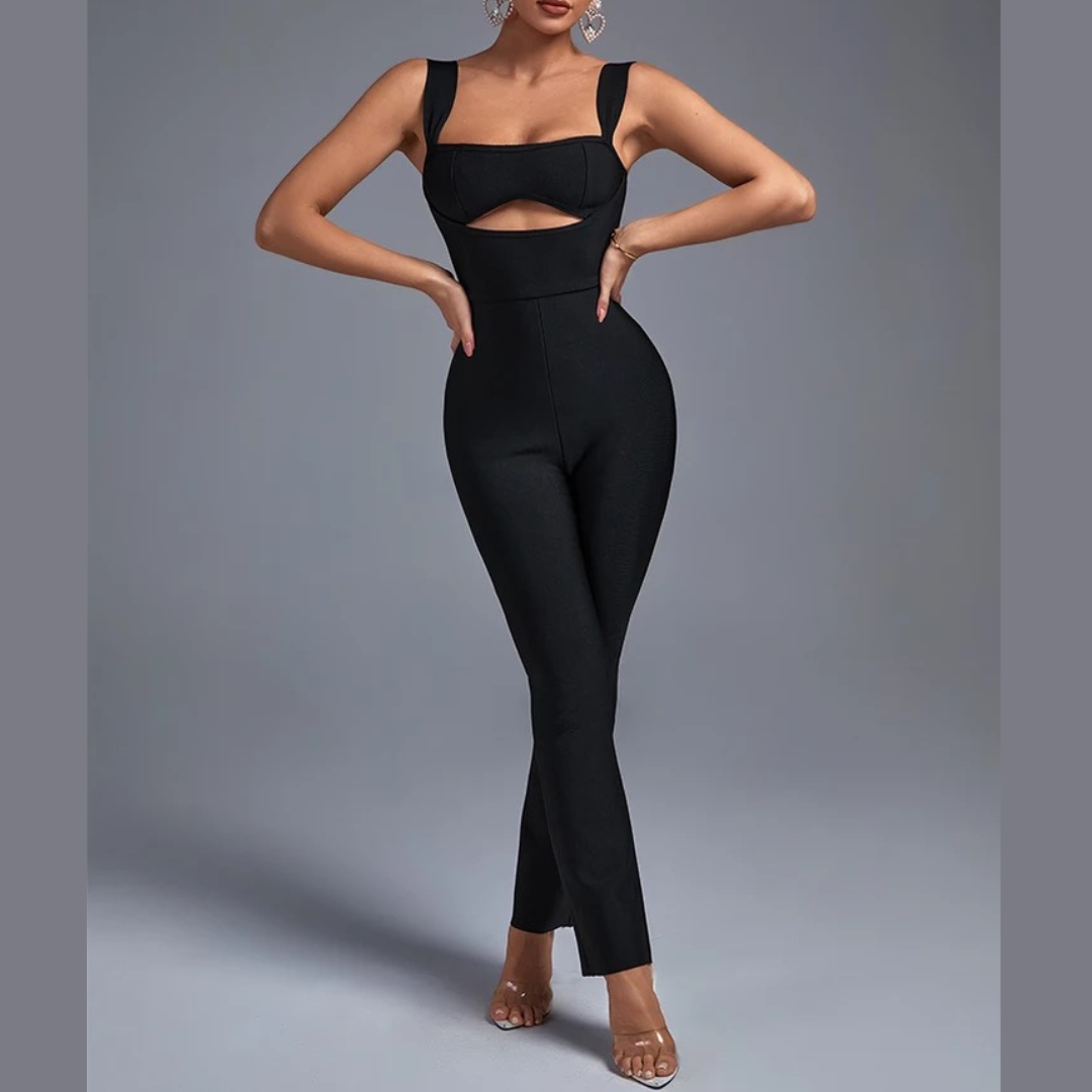 Tori - Black Cut Out Bandage Jumpsuit - Model Mannequin