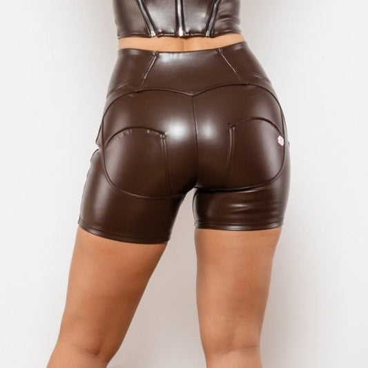 Cheeky Brown High Waist Faux Leather Butt Lift Shorts