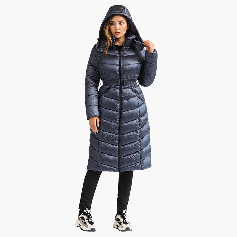 Lucinda - Gray Fitted Long Hooded Puffer Coat - Model Mannequin