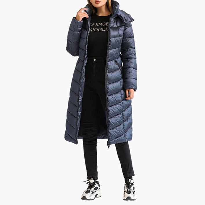 Lucinda - Gray Fitted Long Hooded Puffer Coat - Model Mannequin