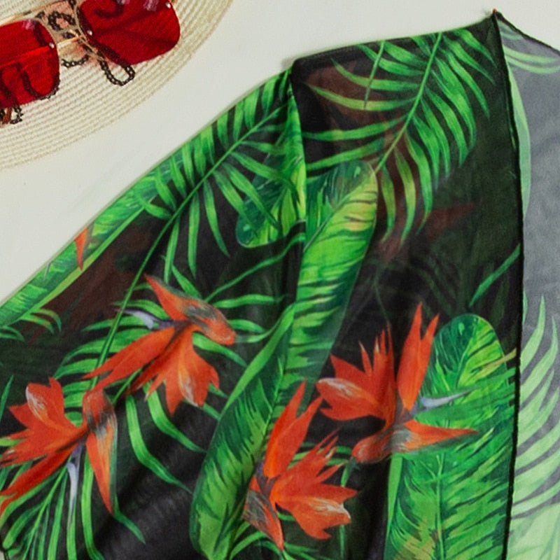 Arabella - Green Tropical Print One Piece Swimsuit With Kimono - Model Mannequin