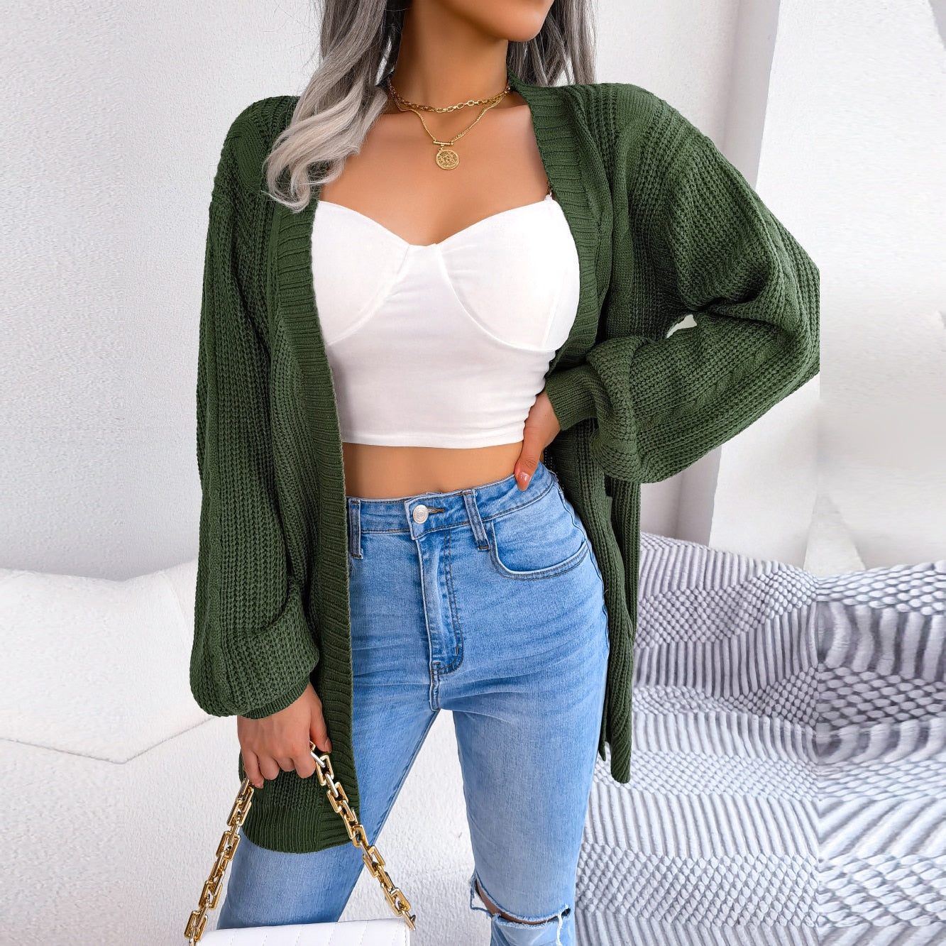 Hazel - Green Twist Dough Open Front Cardigan