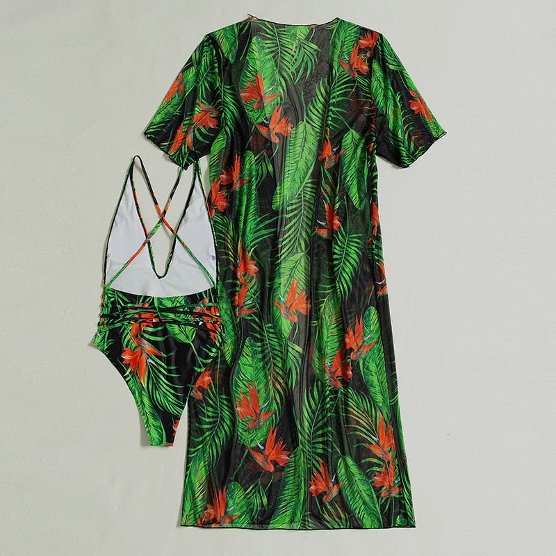 Arabella - Green Tropical Print One Piece Swimsuit With Kimono - Model Mannequin