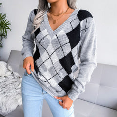 Paula - Gray Argyle Knitted V-Neck Sweater Top - Model Mannequin