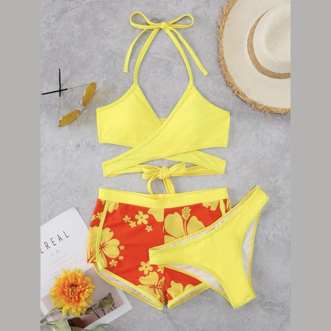 Yellow Halter Criss-Cross Tie Up Tops & Shorts Swimwear - Model Mannequin