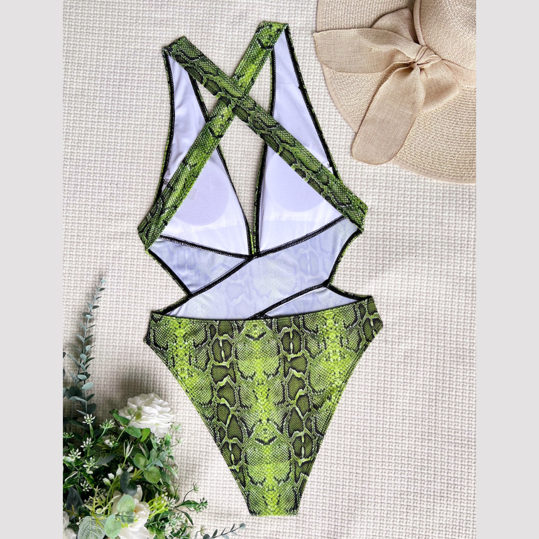Green Snake Print One Piece Swimsuit - Model Mannequin