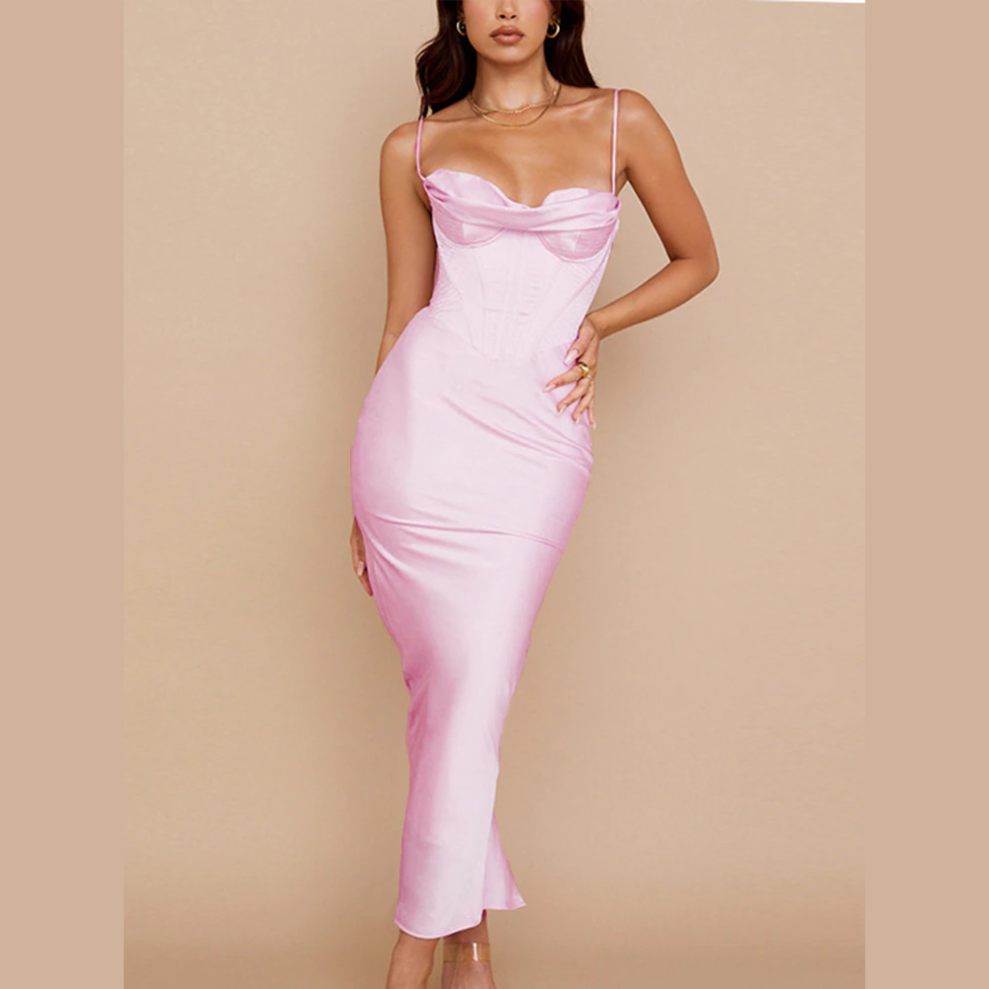 Clarise - Pink Satin Maxi Bodycon Dress – Model Mannequin