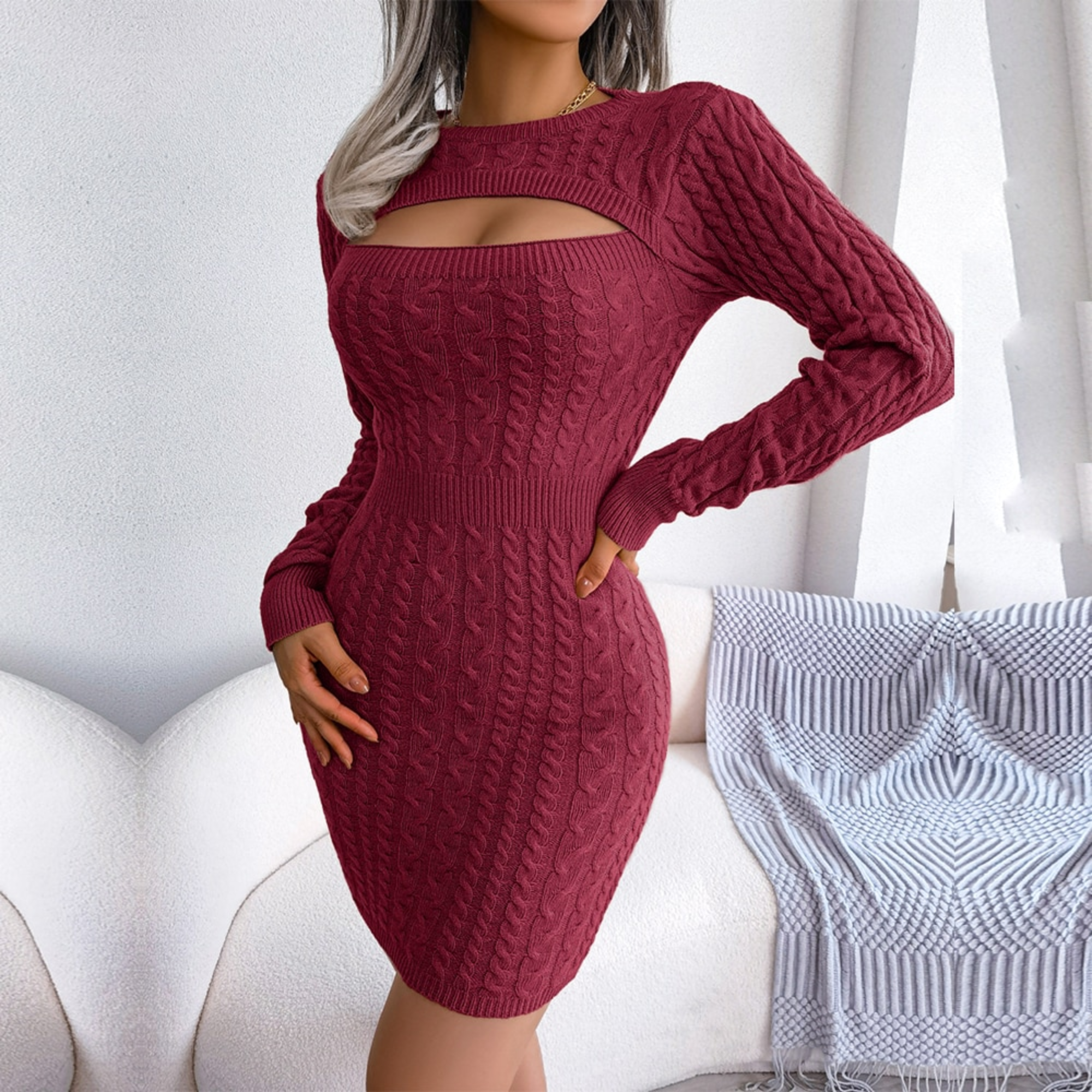 Loyalty - Burgundy Braided Cutout Knitted Dress - Model Mannequin