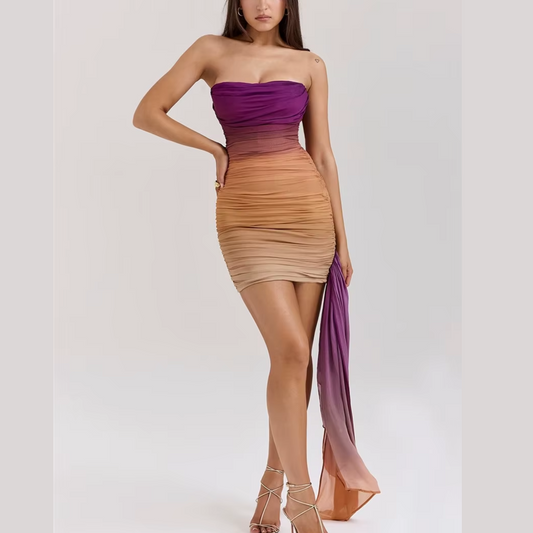 Calandra – Multicolor Strapless Ruched Dress for Bold Glam & Elegant Drama