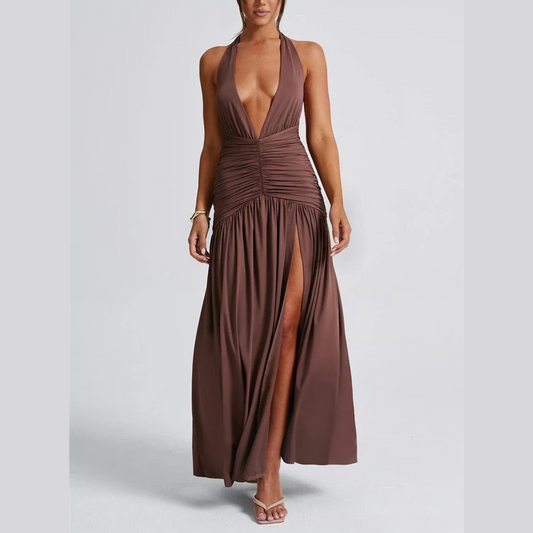 Deep V Halter Neck Backless Maxi Dress: Ultimate Chic for Evening Elegance