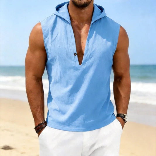 Vaedrin Linen Sleeveless Hooded V-Neck Top | Lightweight Men's Summer Shirt