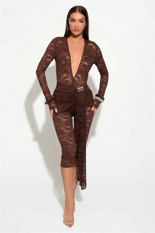 Wyatt Lace V-Neck Jumpsuit – Modern Glamour in Rich Brown