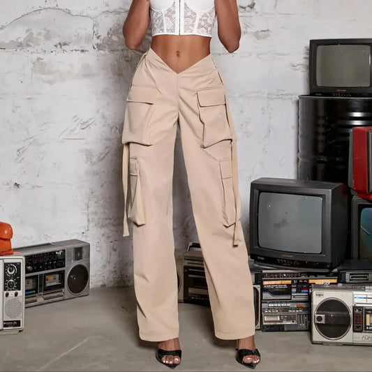 Juniper V-Shaped Waist Khaki Cargo Pants – Adjustable Straps & Full-Length Fit
