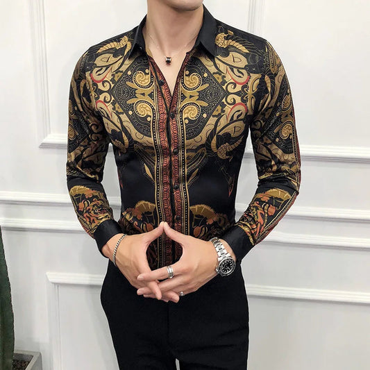 Black Long Sleeve Gold Baroque Print Shirt: Regal Style with Modern Flair