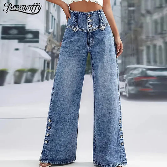 Elarisse High Waist Wide Leg Denim Pants – Effortless Style Meets Modern Comfort