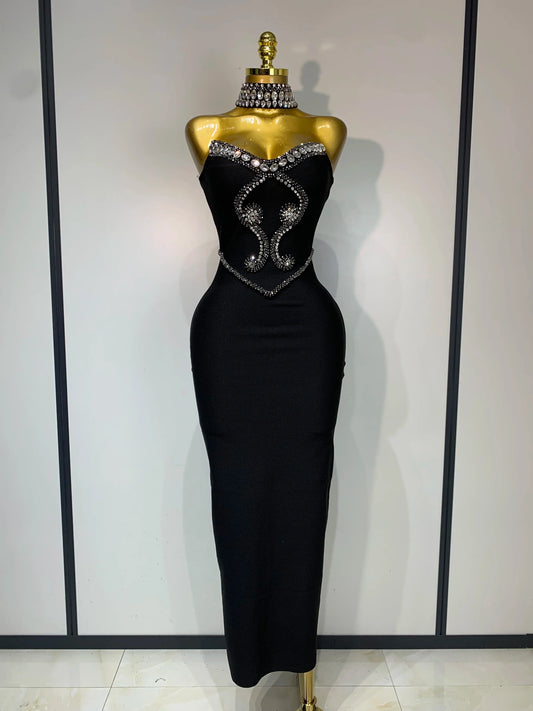 Avelyne Embellished Strapless Bandage Dress – Crystal Maxi Evening Dress
