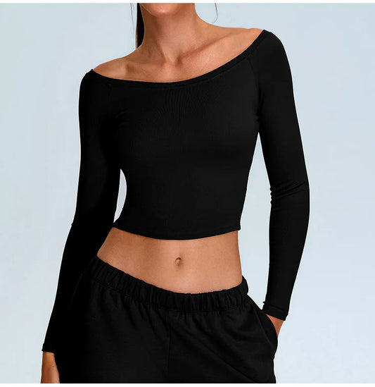 Arwen Off Shoulder Activewear Top – Stylish Long Sleeve Crop for Gym & Beyond
