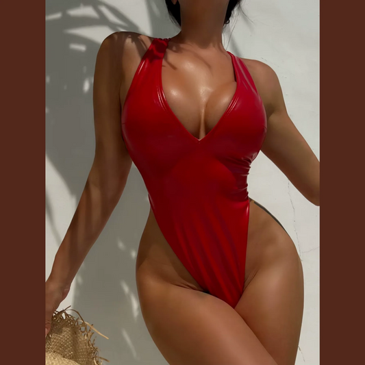 Yori Red Faux Leather Swimsuit – Bold, Luxe One-Piece for Fierce Style