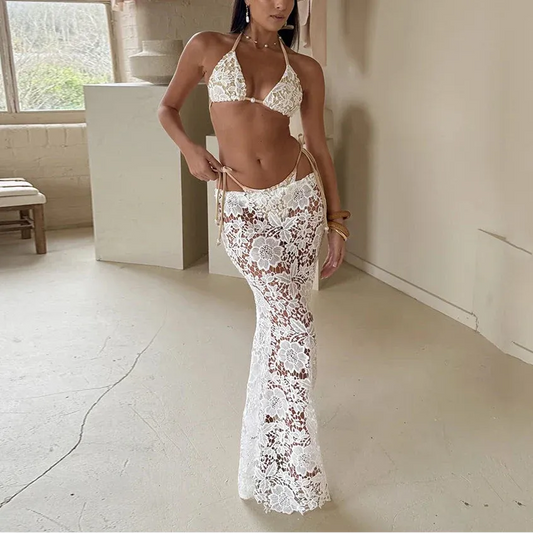 Aurelisse Lace Trim 3 Piece Bikini & Cover Up Set | Elegant Resort Swimwear
