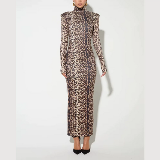 Allegra Leopard Print Turtleneck Bodycon Maxi Dress: Bold Style with an Effortlessly Polished Edge