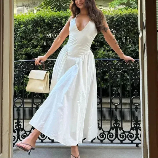 Liora White Halter A-Line Midi Dress – Elegant & Timeless Style