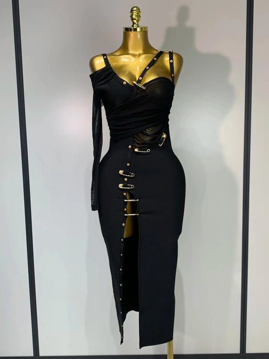 Lysandria One Shoulder Safety Pin Bandage Evening Dress | Elegant Party Gown