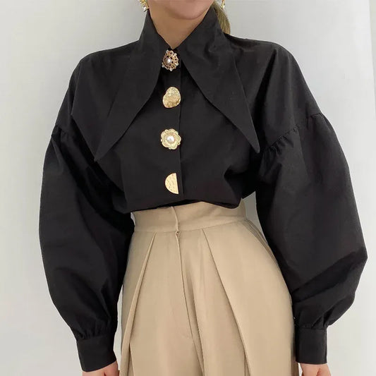 Bellamy Statement Collar Blouse – Puff Sleeves & Gold Button Detail