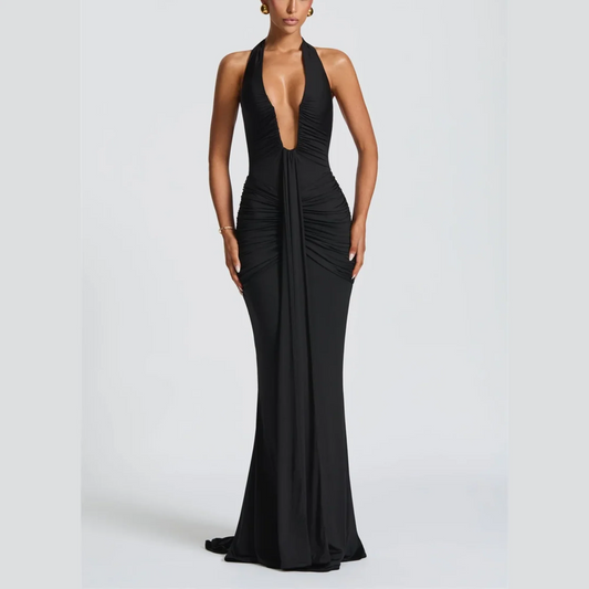 Alessia Plunge Ruched Halter Maxi Dress: Sculpted Elegance with Bold Allure
