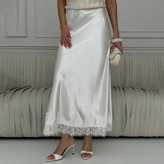 Solara Satin Maxi Skirt with Lace Hem – Elegant, Feminine & Timeless Style