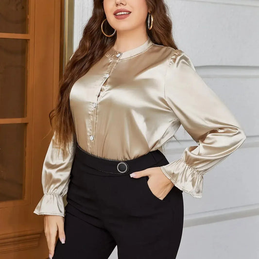 Aurellise Plus Size Satin Button Blouse – Effortless Elegance & Comfort