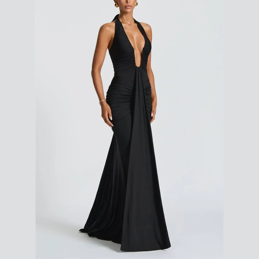 Alessia – Plunge Ruched Halter Maxi Dress