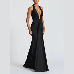 Alessia – Plunge Ruched Halter Maxi Dress