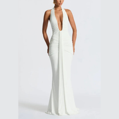 Alessia – Plunge Ruched Halter Maxi Dress