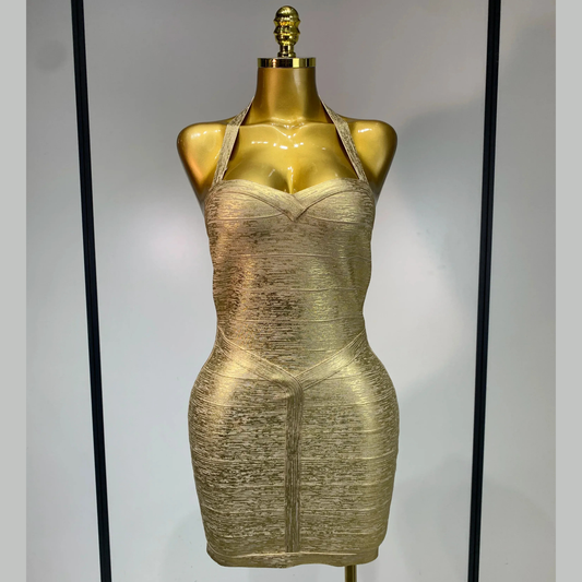 Thymera – Metallic Halter Bandage Mini Dress