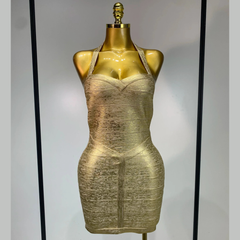 Thymera – Metallic Halter Bandage Mini Dress