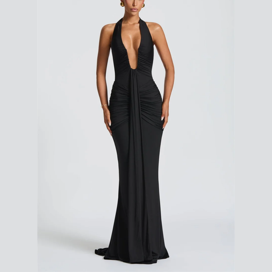 Alessia – Plunge Ruched Halter Maxi Dress