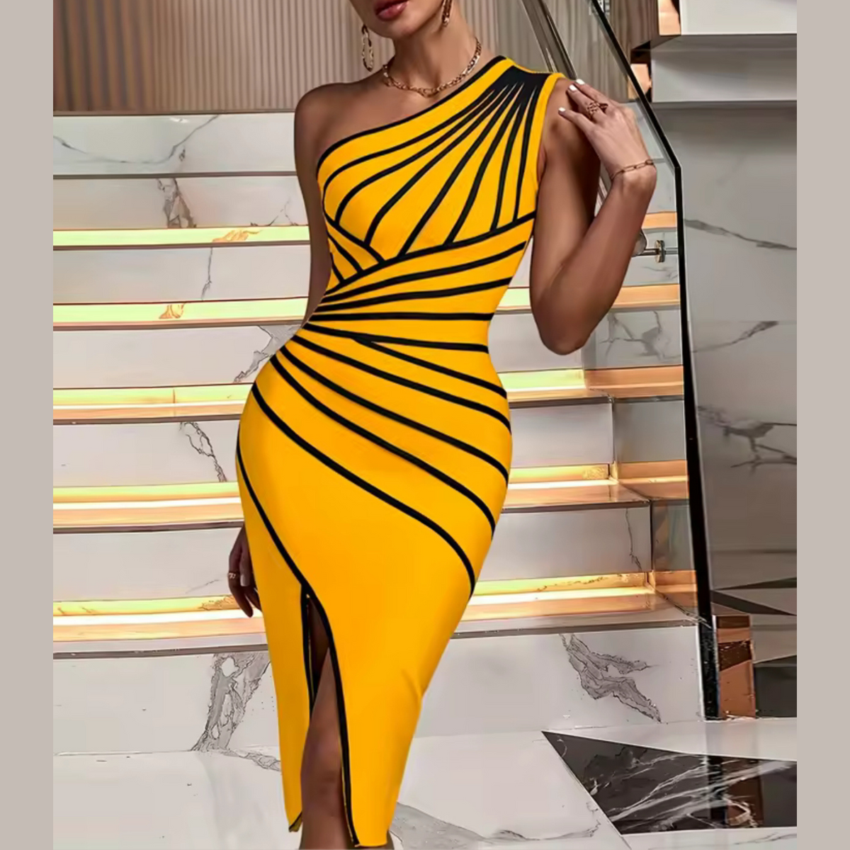 gold one shoulder bandage dress One Shoulder Metallic Gold Bandage Dress
