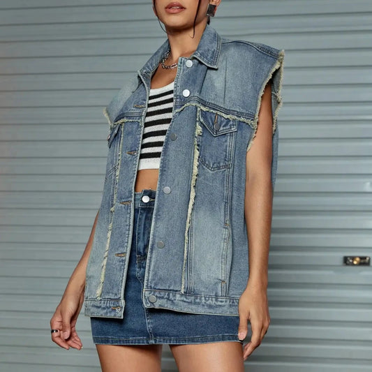 Lisette - Blue Loose Fit Single-Breasted Denim Vest