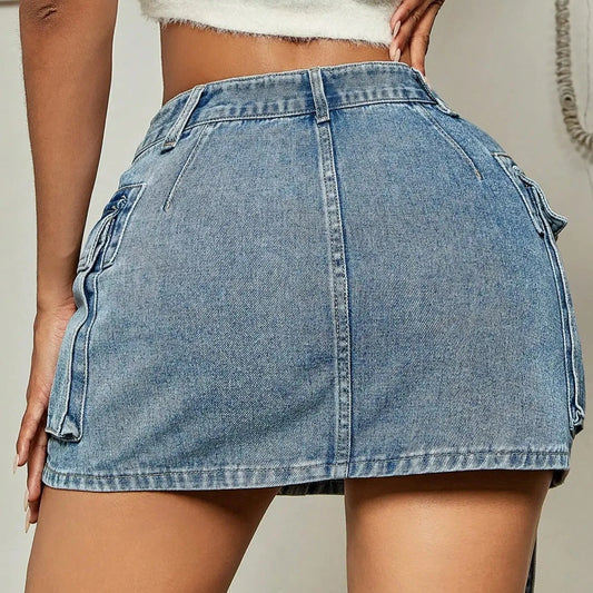 Macy - Flap Pocket Ribbon Denim Mini Skirt