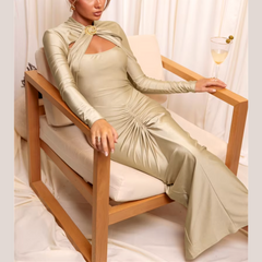 Agnola - Champagne Cutout Ruched Maxi Bodycon Dress