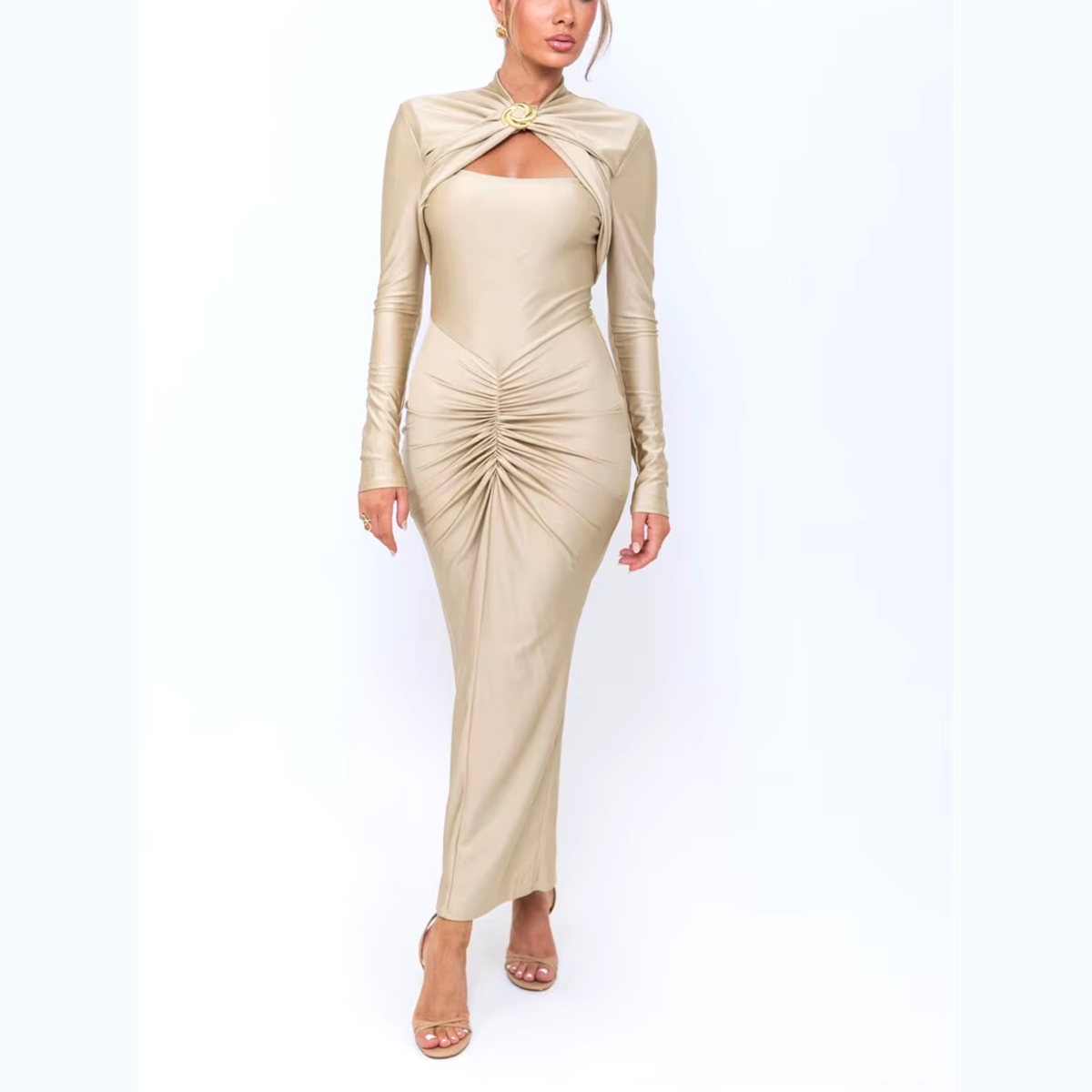 Agnola - Champagne Cutout Ruched Maxi Bodycon Dress