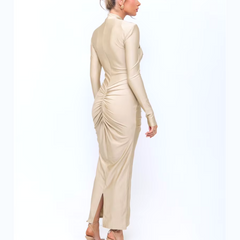 Agnola - Champagne Cutout Ruched Maxi Bodycon Dress