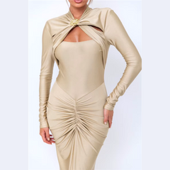 Agnola - Champagne Cutout Ruched Maxi Bodycon Dress