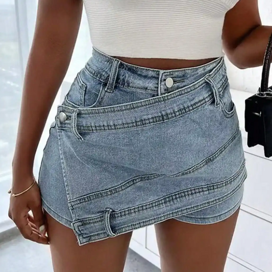 Belen - Irregular Wrap Mini Denim Shorts